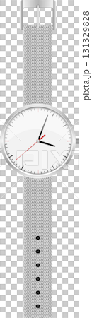 Silver wristwatch features a white dial, silver mesh band, and hour, minute, and seconds hands. Silver wristwatch features a white dial, silver mesh band, and hour, minute, and seconds hands. 131329828