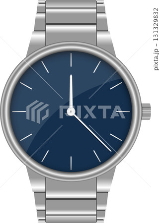 A stainless steel wristwatch with a dark blue face showing twelve o'clock in the afternoon. 131329832