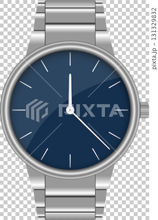 A stainless steel wristwatch with a dark blue face showing twelve o'clock in the afternoon. 131329832