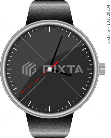 A sleek silver wristwatch with a black face and a patterned band indicates the current time. 131329834