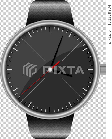 A sleek silver wristwatch with a black face and a patterned band indicates the current time. 131329834