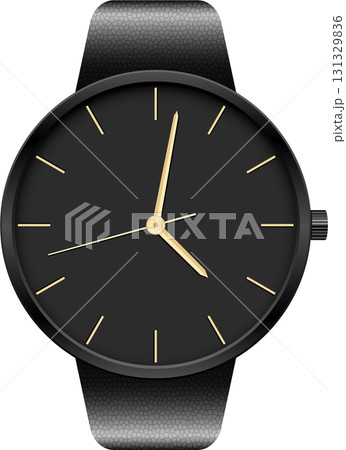 Elegant black wristwatch with gold hands displaying the time, set against a stark black backdrop. 131329836