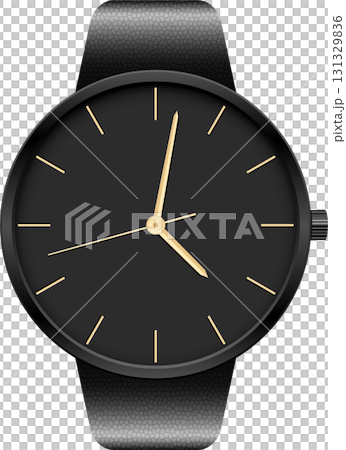 Elegant black wristwatch with gold hands displaying the time, set against a stark black backdrop. 131329836