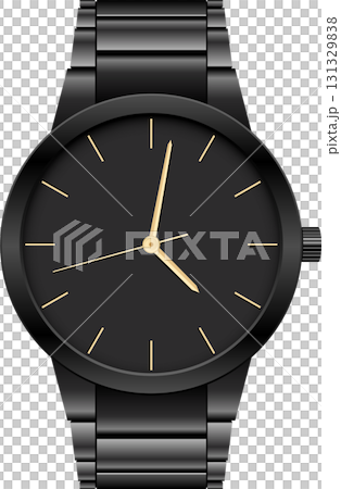 A sleek black wristwatch showcases a minimalist design with gold hands against a dark dial. 131329838