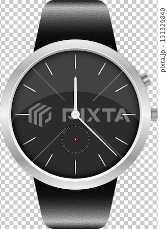 Sleek timepiece displaying minimalist design, featuring a matte black face and textured strap. 131329840