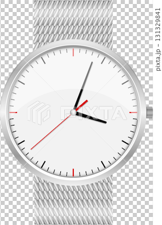 Elegant minimalist wristwatch features a clean white face with silver band and hands showing the time. Elegant minimalist wristwatch features a clean white face with silver band and hands showing the time. 131329841