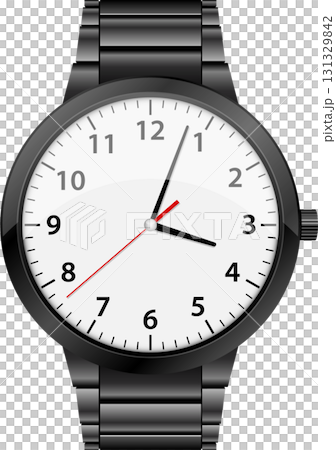 A close-up view of a sleek wristwatch displaying the time of 3:03, showcasing a white face. A close-up view of a sleek wristwatch displaying the time of 3:03, showcasing a white face. 131329842