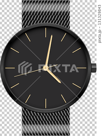 Sleek black wristwatch with gold hands, mesh band. A symbol of modern style and functionality. Sleek black wristwatch with gold hands, mesh band. A symbol of modern style and functionality. 131329843