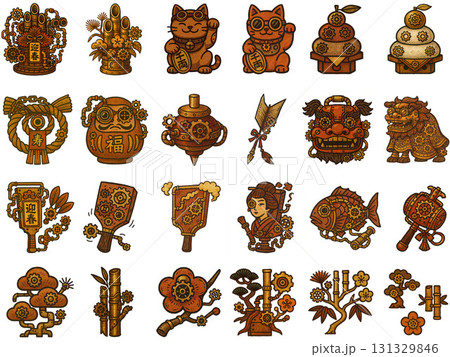 お正月のイラスト素材：スチームパンク風セット 131329846