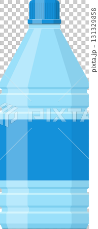 Simple illustration of a translucent plastic bottle filled with a blue liquid and a blue cap. 131329858