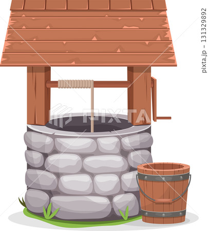 Rustic stone water well, complete with wooden roof, bucket, and winding mechanism, ready to use. 131329892