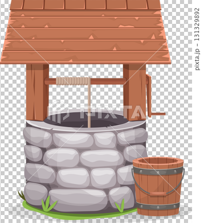 Rustic stone water well, complete with wooden roof, bucket, and winding mechanism, ready to use. Rustic stone water well, complete with wooden roof, bucket, and winding mechanism, ready to use. 131329892