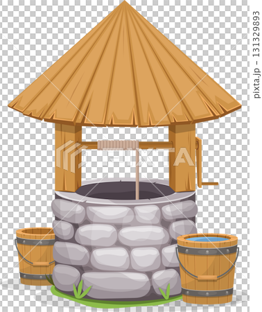 A rustic stone wishing well with a thatched roof and two wooden buckets sits on green grass. A rustic stone wishing well with a thatched roof and two wooden buckets sits on green grass. 131329893