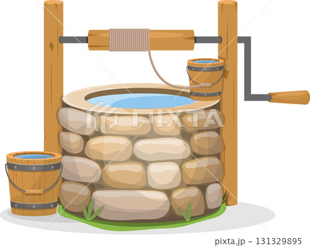 Illustration of an old stone water well with a wooden bucket and a pulley system for drawing water. Illustration of an old stone water well with a wooden bucket and a pulley system for drawing water. 131329895