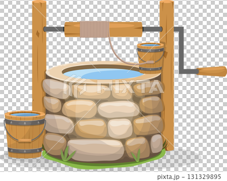 Illustration of an old stone water well with a wooden bucket and a pulley system for drawing water. 131329895