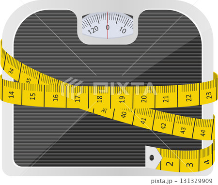 Bathroom scale with yellow measuring tape emphasizing weight loss and fitness goals. Bathroom scale with yellow measuring tape emphasizing weight loss and fitness goals. 131329909