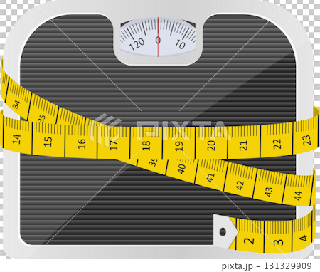 Bathroom scale with yellow measuring tape emphasizing weight loss and fitness goals. Bathroom scale with yellow measuring tape emphasizing weight loss and fitness goals. 131329909