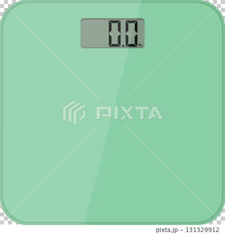 A sleek, modern, and light green weight scale sits ready to measure, displaying zero kilograms. 131329912