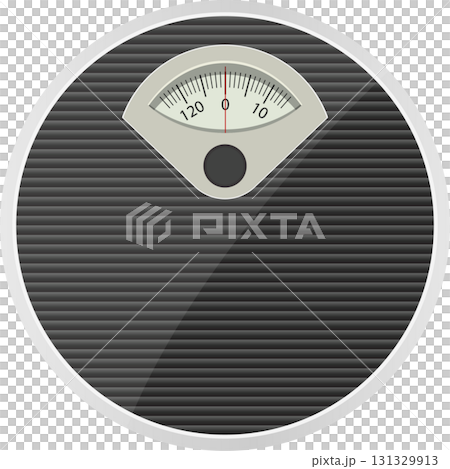 Round bathroom scale with a needle pointing to zero. Symbolizes measurement, weight, and health. 131329913