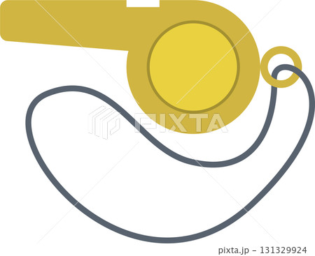 A gold-colored whistle is displayed with a gray lanyard against a stark black background. A gold-colored whistle is displayed with a gray lanyard against a stark black background. 131329924