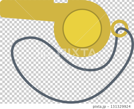 A gold-colored whistle is displayed with a gray lanyard against a stark black background. A gold-colored whistle is displayed with a gray lanyard against a stark black background. 131329924