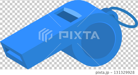 A blue whistle with a ring. The whistle has a hole to blow through and make a sound. 131329928