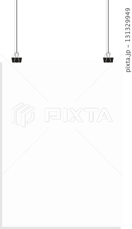 Blank white poster suspended from above by two black metal clips, ready for your design 131329949