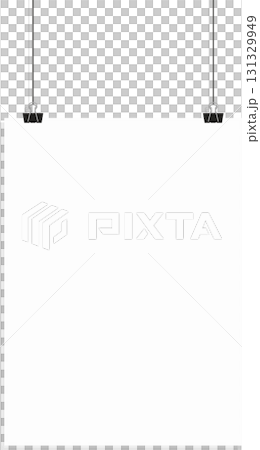 Blank white poster suspended from above by two black metal clips, ready for your design 131329949