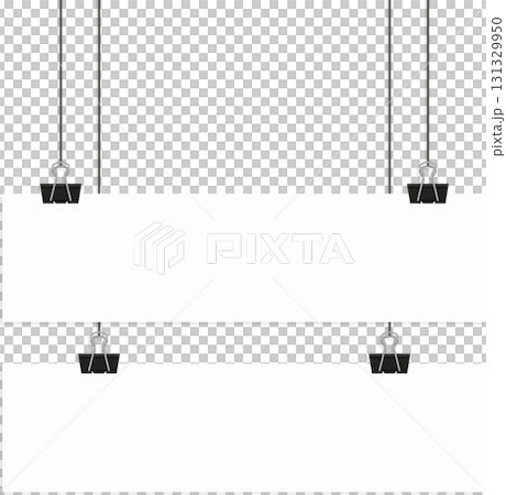Two sheets of paper hang from black binder clips against a plain black background space. 131329950