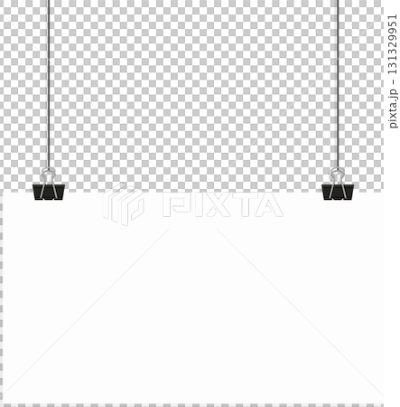 Blank white paper suspended by black binder clips hanging from a dark black background. 131329951