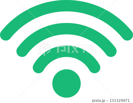 A green icon depicting wireless connectivity with signal radiating outward on a black background. 131329971