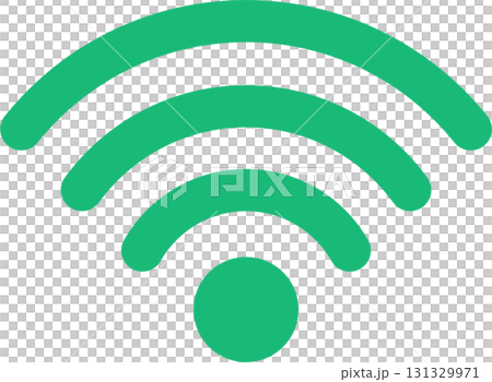 A green icon depicting wireless connectivity with signal radiating outward on a black background. 131329971