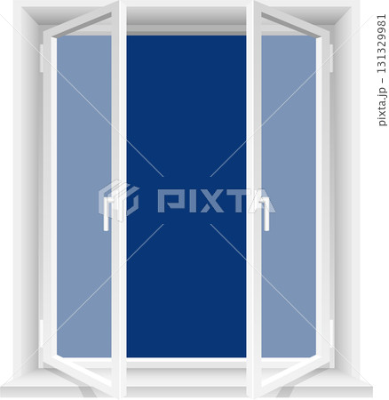 White window frame, partly open, showing blue sky outside and handles on the window panes. White window frame, partly open, showing blue sky outside and handles on the window panes. 131329981