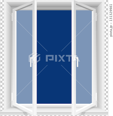 White window frame, partly open, showing blue sky outside and handles on the window panes. White window frame, partly open, showing blue sky outside and handles on the window panes. 131329981