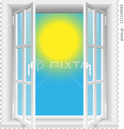 Open window offering a bright view with blue sky and yellow sun, inviting fresh air and light Open window offering a bright view with blue sky and yellow sun, inviting fresh air and light 131329984