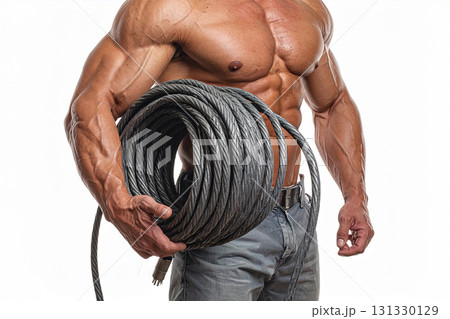 a muscular man with a large steel cable 131330129