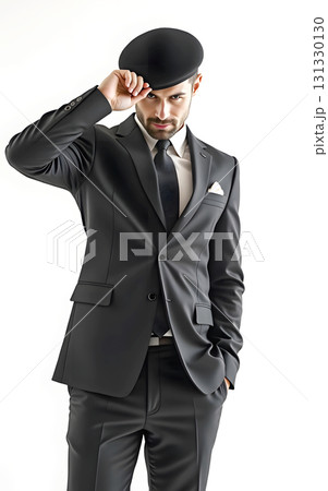 bussinessman in black suit and hat fashion on white background 131330130