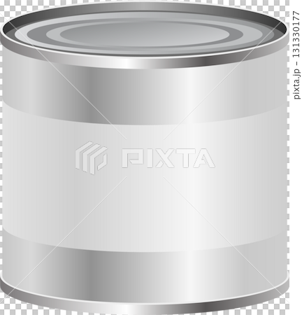 Shiny silver metal can with a blank white label awaiting branding, perfect for food storage. 131330177