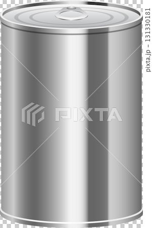 A sleek, shiny, cylindrical metal can with a pull-tab lid sits upright, reflecting light. A sleek, shiny, cylindrical metal can with a pull-tab lid sits upright, reflecting light. 131330181