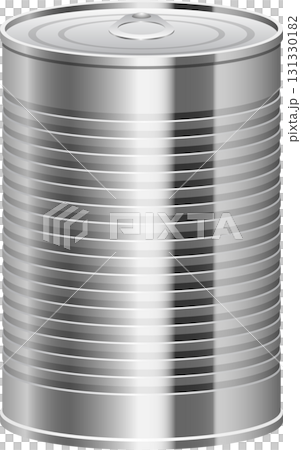Shiny silver can with a pull tab on top and horizontal indentations running around the side. 131330182