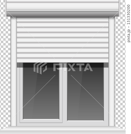 A window with a roller shutter. The shutter is partially closed, blocking the top of the window. 131330200