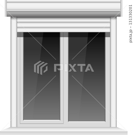 A modern white window with a partially rolled-down shutter providing shade and privacy. 131330201