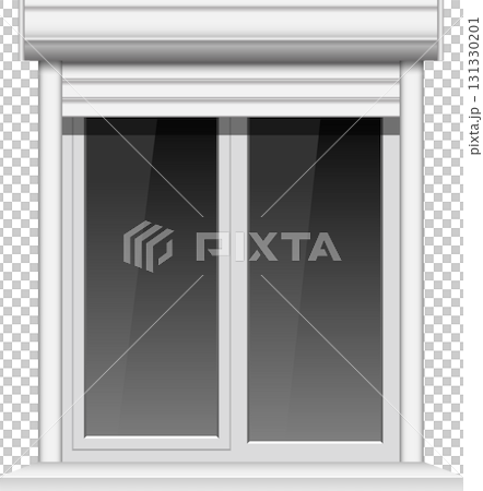 A modern white window with a partially rolled-down shutter providing shade and privacy. 131330201