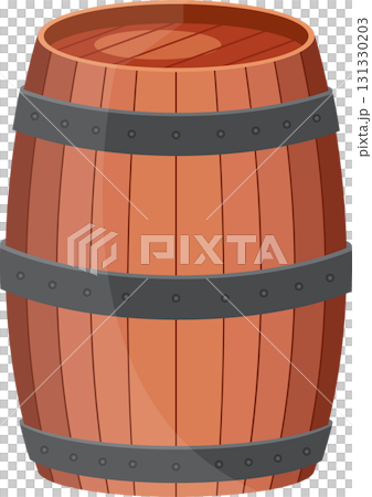 A sturdy wooden barrel with metal hoops, suitable for storage and rustic decor, cartoon style. 131330203