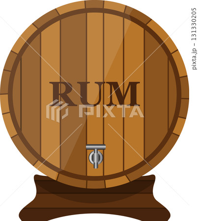 A wooden barrel with the word "rum" printed on the side and a spout for dispensing the liquid. A wooden barrel with the word "rum" printed on the side and a spout for dispensing the liquid. 131330205
