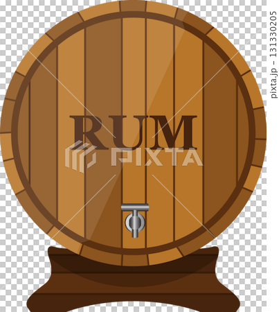 A wooden barrel with the word "rum" printed on the side and a spout for dispensing the liquid. 131330205