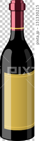 An illustration of a dark glass bottle with a burgundy stopper and a golden label on black. 131330215
