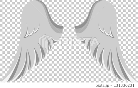 A pair of symmetrical, illustrated wings, with a light grey coloration, set against darkness. 131330231