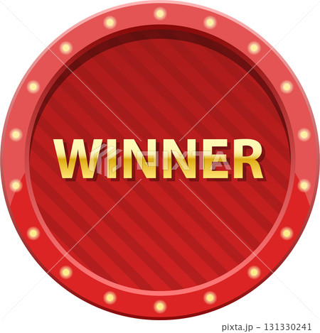 Golden 'Winner' text is displayed on a red, circular badge with striped background. Lights surround it. 131330241