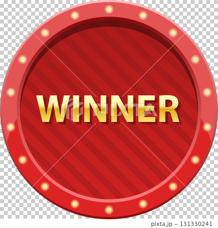 Golden 'Winner' text is displayed on a red, circular badge with striped background. Lights surround it. 131330241